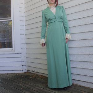 70s Green Dress Victorian Maxi Lace Collar XS